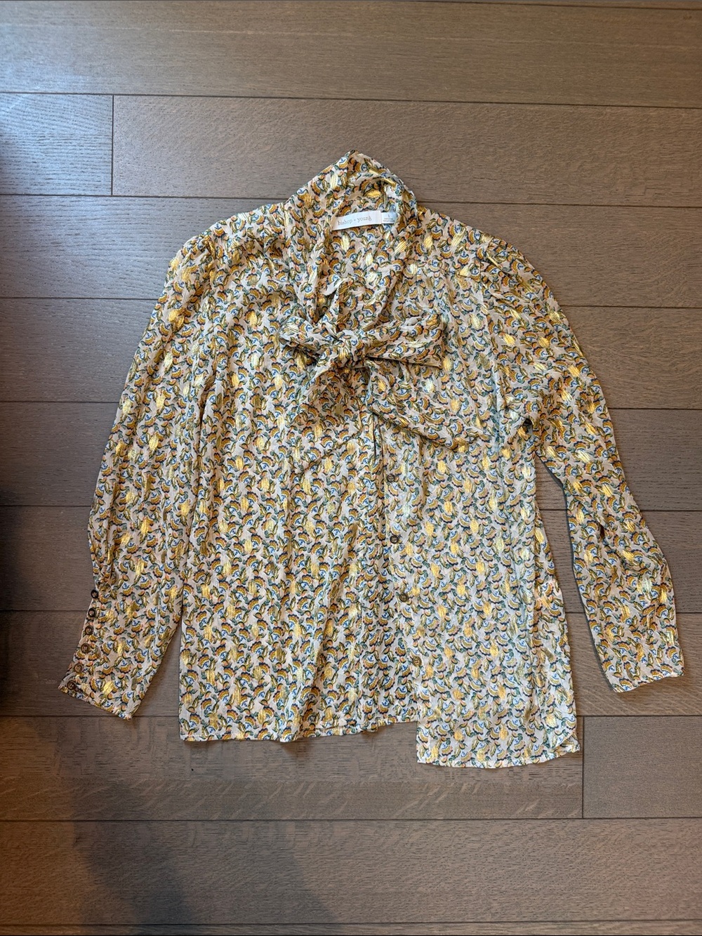 bishop + young Floral Tie-Neck Blouse in Cream, Yellow, Blue